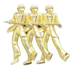 3 Dancing Tap dancers with Canes and Tophats in Gold Enamel Pin Brooch
